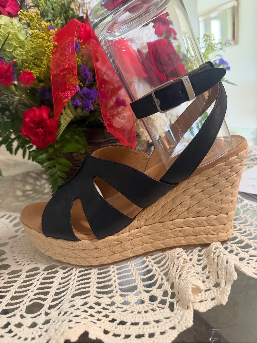 UGG Black Leather Braided Espadrille Wedges